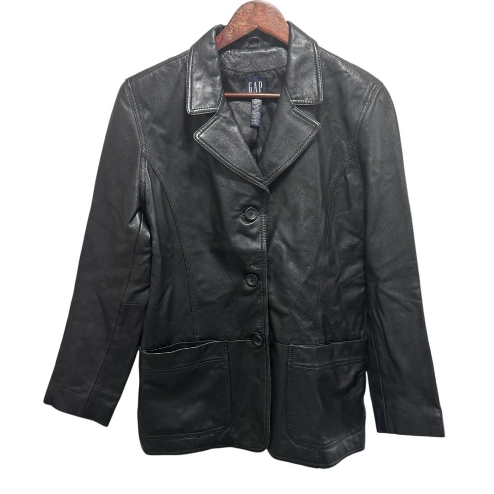 Vintage Y2K Fitted GAP Black Leather Jacket Size Medium